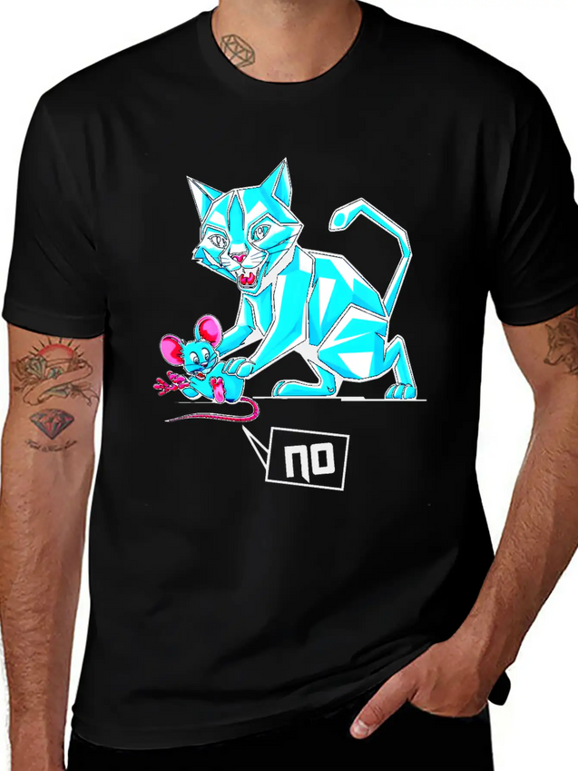 Geometric Cat And Mouse Lightweight Cotton T-Shirt – Daily Comfort Graphic Shirt