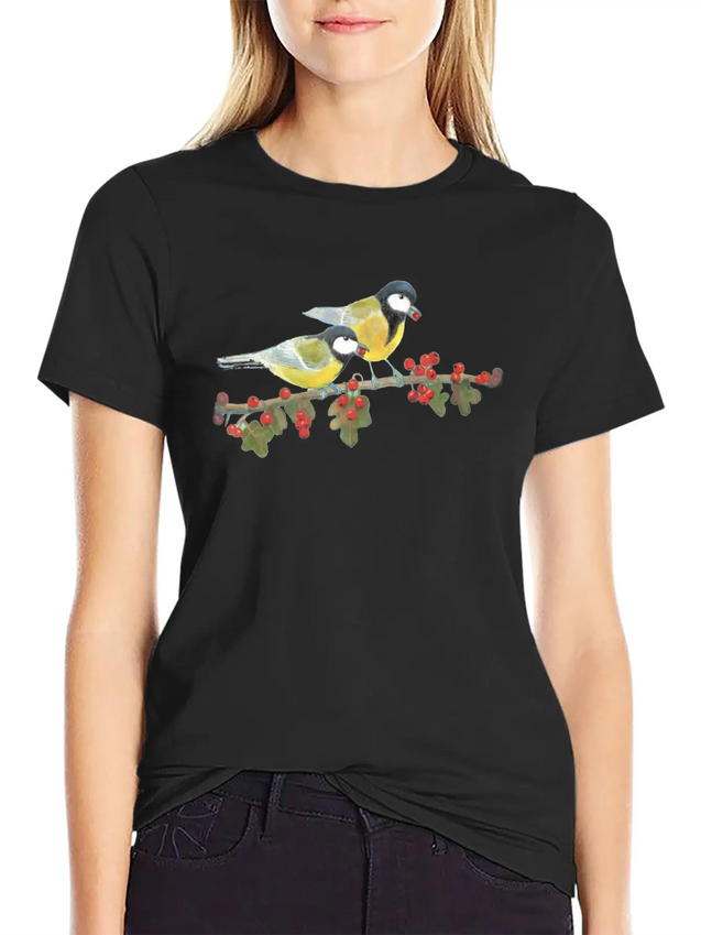 Great Tit Birds Eating Hawthorn Berries Lightweight Cotton T-Shirt – Daily Comfort Graphic Shirt