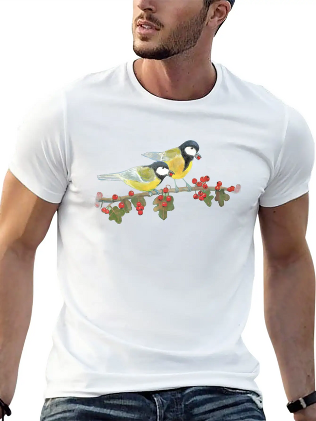 Great Tit Birds Eating Hawthorn Berries Lightweight Cotton T-Shirt – Daily Comfort Graphic Shirt