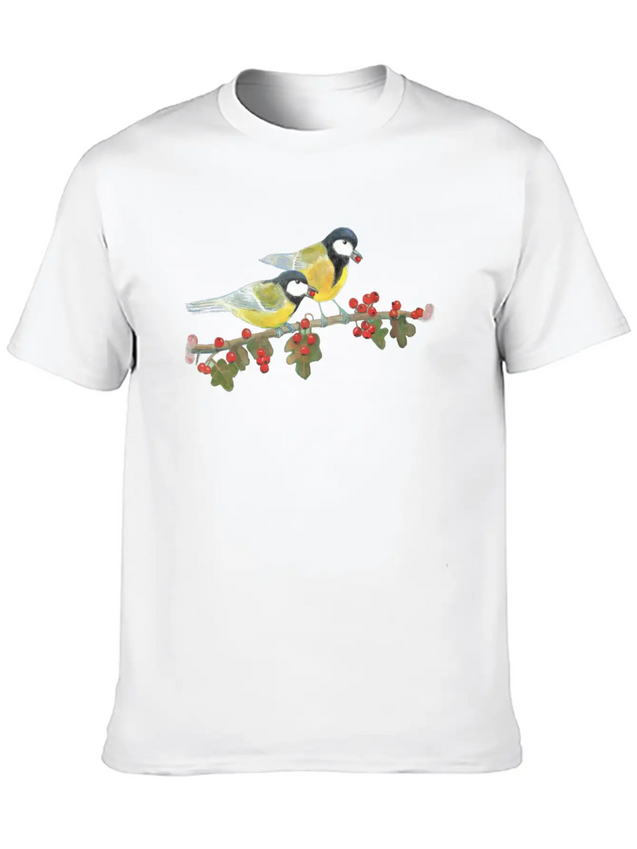 Great Tit Birds Eating Hawthorn Berries Lightweight Cotton T-Shirt – Daily Comfort Graphic Shirt