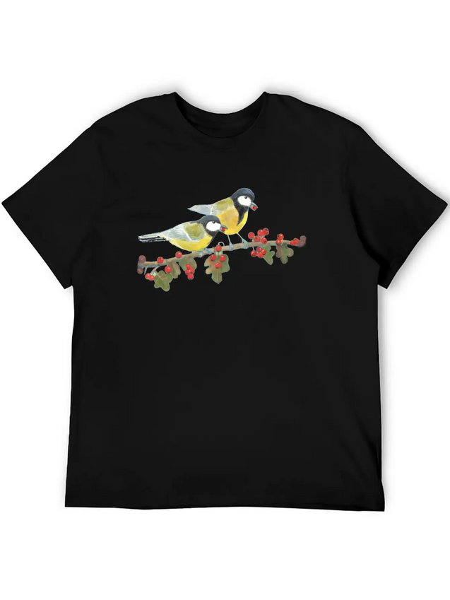 Great Tit Birds Eating Hawthorn Berries Lightweight Cotton T-Shirt – Daily Comfort Graphic Shirt