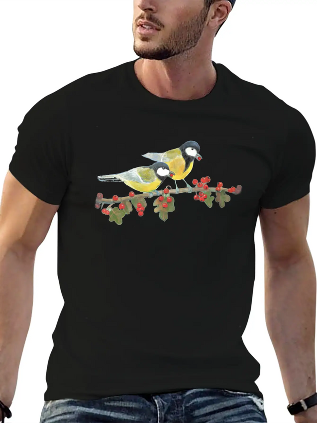 Great Tit Birds Eating Hawthorn Berries Lightweight Cotton T-Shirt – Daily Comfort Graphic Shirt