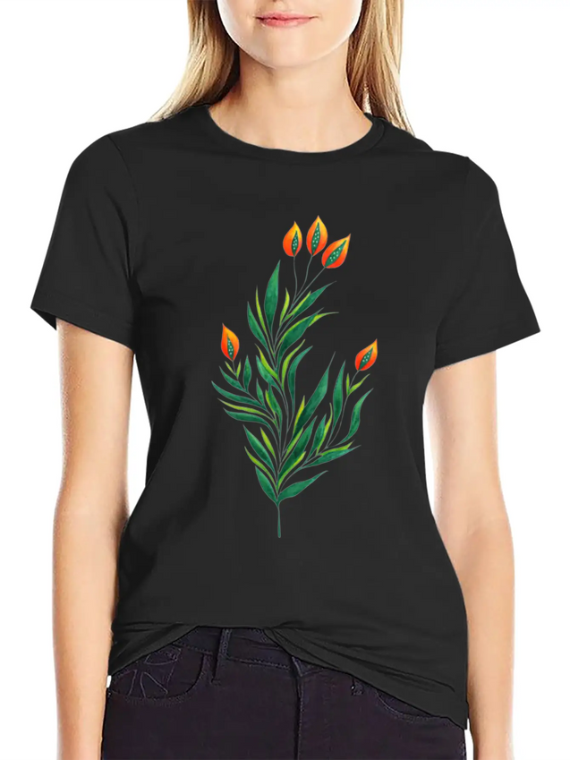 Green Plant With Orange Buds Kids Clothes Lightweight Cotton T-Shirt – Daily Comfort Graphic Shirt