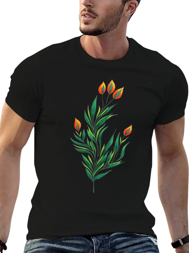 Green Plant With Orange Buds Kids Clothes Lightweight Cotton T-Shirt – Daily Comfort Graphic Shirt