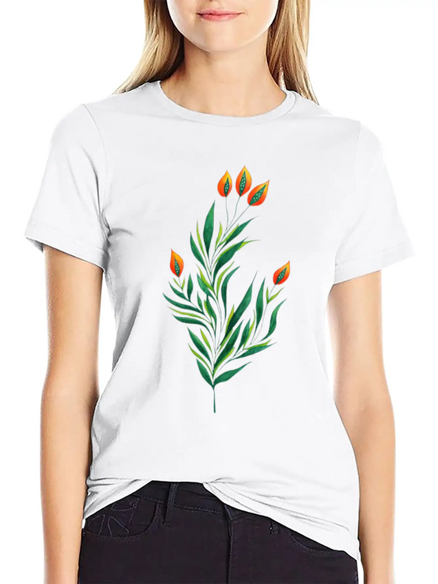 Green Plant With Orange Buds Kids Clothes Lightweight Cotton T-Shirt – Daily Comfort Graphic Shirt