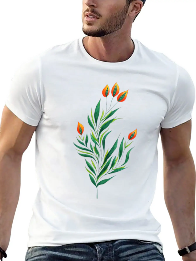Green Plant With Orange Buds Kids Clothes Lightweight Cotton T-Shirt – Daily Comfort Graphic Shirt