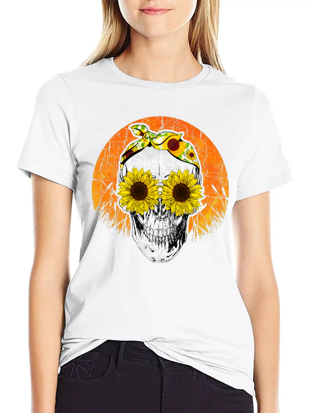 Halloween Sunflower Skull Lightweight Cotton T-Shirt – Daily Comfort Graphic Shirt