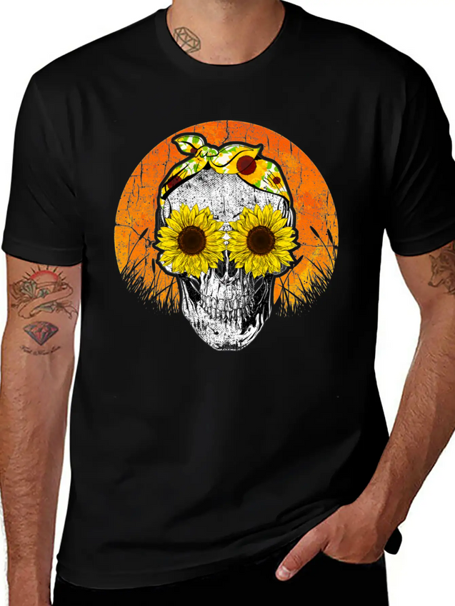 Halloween Sunflower Skull Lightweight Cotton T-Shirt – Daily Comfort Graphic Shirt