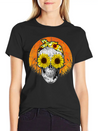 Halloween Sunflower Skull Lightweight Cotton T-Shirt – Daily Comfort Graphic Shirt