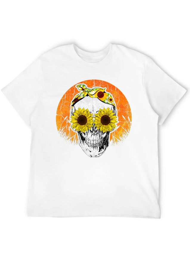 Halloween Sunflower Skull Lightweight Cotton T-Shirt – Daily Comfort Graphic Shirt