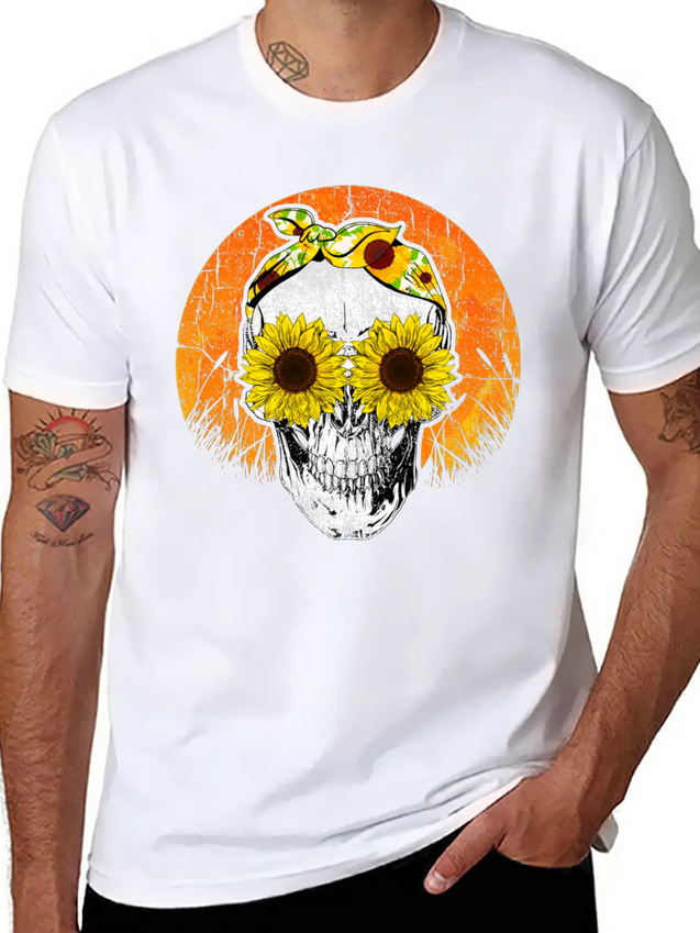 Halloween Sunflower Skull Lightweight Cotton T-Shirt – Daily Comfort Graphic Shirt
