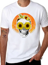Halloween Sunflower Skull Lightweight Cotton T-Shirt – Daily Comfort Graphic Shirt