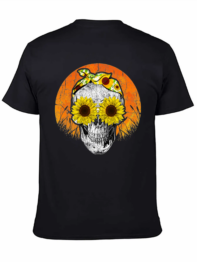 Halloween Sunflower Skull Lightweight Cotton T-Shirt – Daily Comfort Graphic Shirt