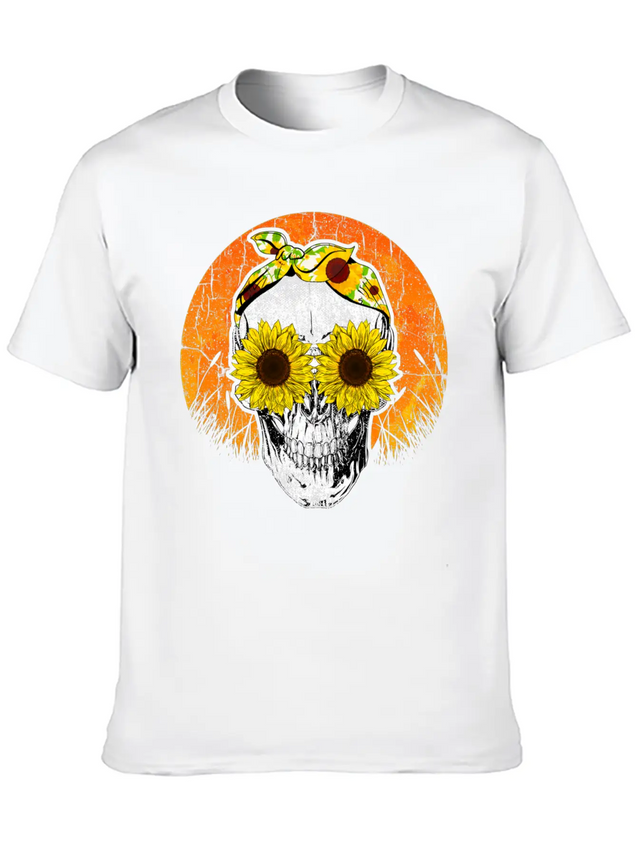 Halloween Sunflower Skull Lightweight Cotton T-Shirt – Daily Comfort Graphic Shirt