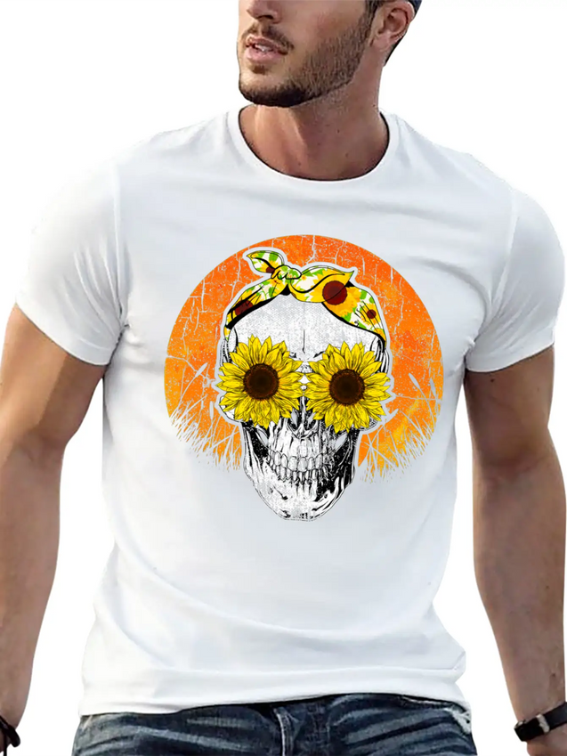 Halloween Sunflower Skull Lightweight Cotton T-Shirt – Daily Comfort Graphic Shirt