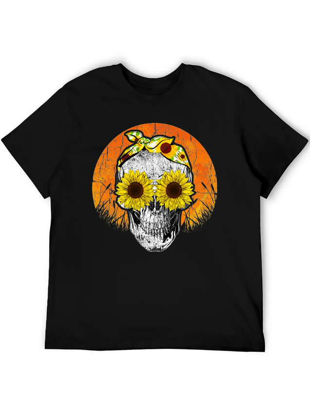 Halloween Sunflower Skull Lightweight Cotton T-Shirt – Daily Comfort Graphic Shirt