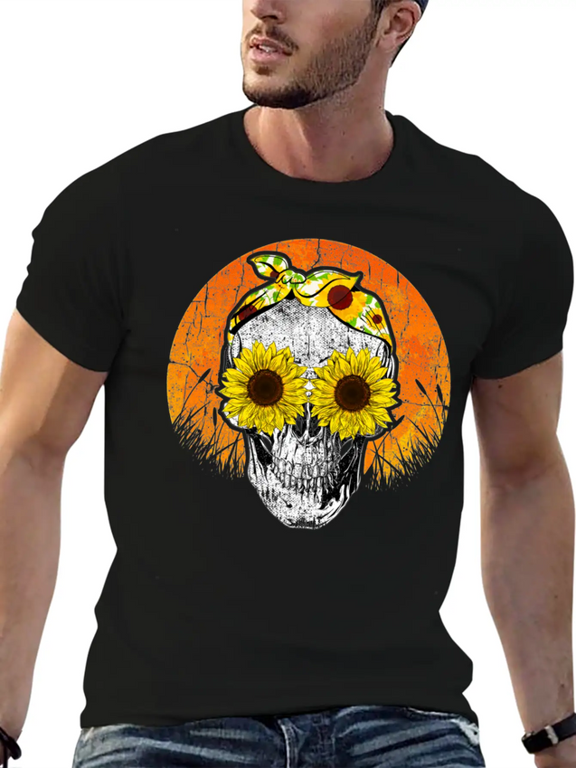 Halloween Sunflower Skull Lightweight Cotton T-Shirt – Daily Comfort Graphic Shirt
