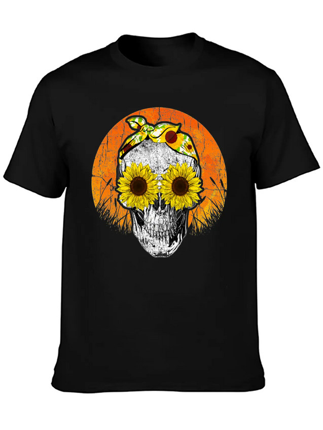 Halloween Sunflower Skull Lightweight Cotton T-Shirt – Daily Comfort Graphic Shirt