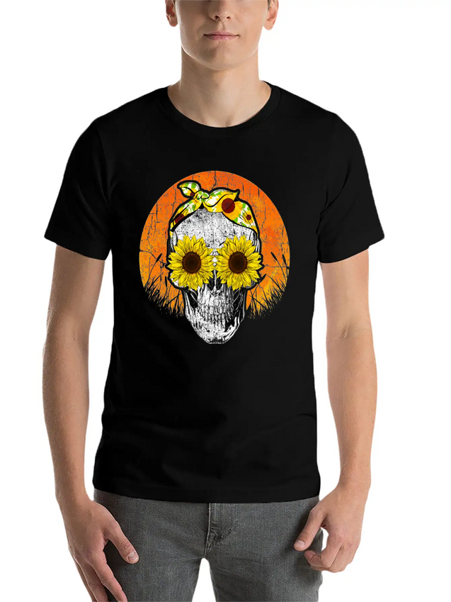 Halloween Sunflower Skull Lightweight Cotton T-Shirt – Daily Comfort Graphic Shirt