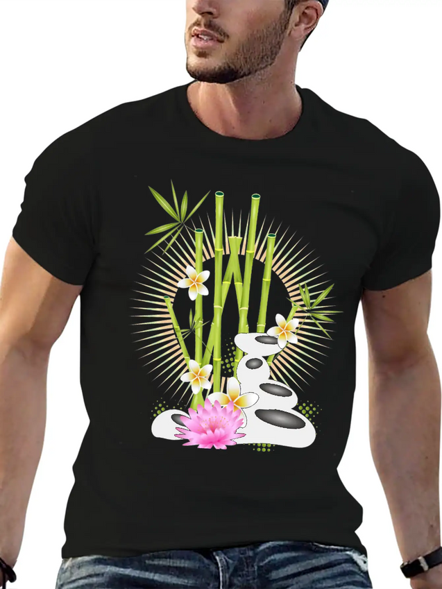 Harmonious Arrangement Of Bamboo, Stones & Flower Lightweight Cotton T-Shirt – Daily Comfort Graphic Shirt
