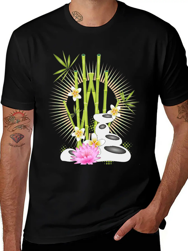 Harmonious Arrangement Of Bamboo, Stones & Flower Lightweight Cotton T-Shirt – Daily Comfort Graphic Shirt