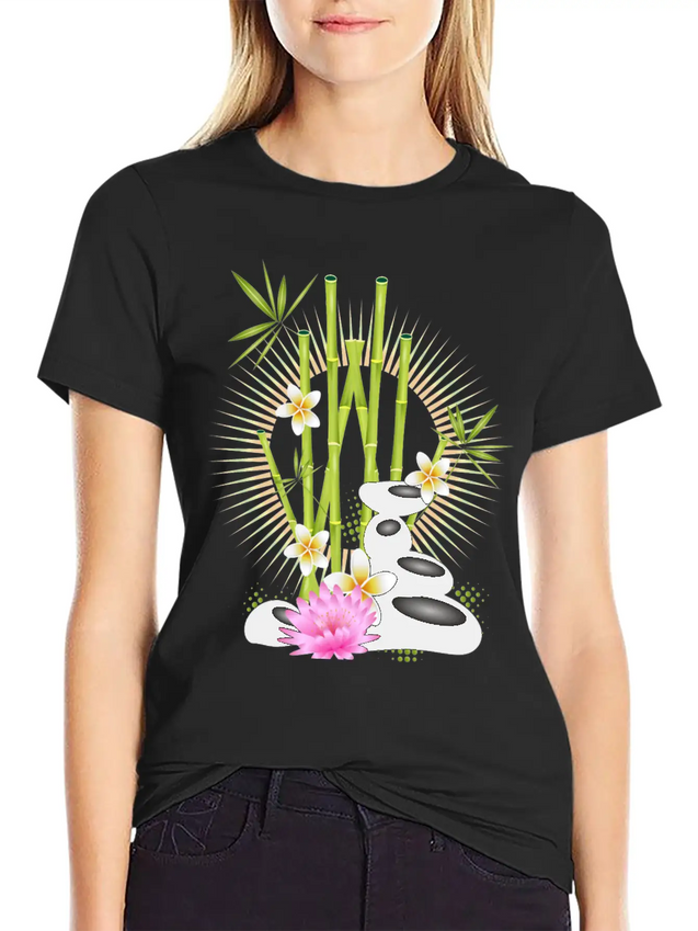 Harmonious Arrangement Of Bamboo, Stones & Flower Lightweight Cotton T-Shirt – Daily Comfort Graphic Shirt