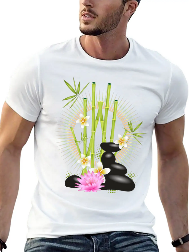 Harmonious Arrangement Of Bamboo, Stones & Flower Lightweight Cotton T-Shirt – Daily Comfort Graphic Shirt