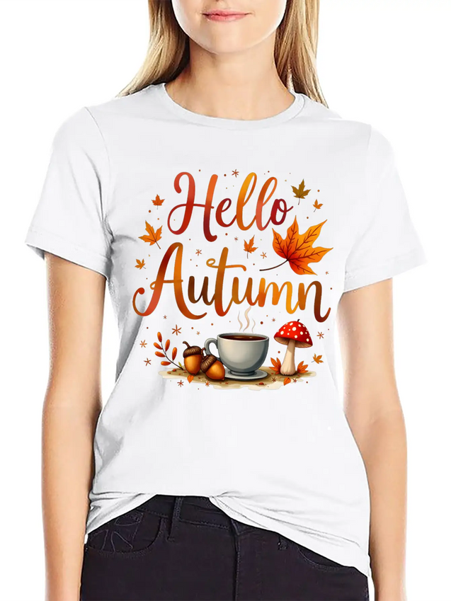 Hello Autumn Cozy Nostalgia Lightweight Cotton T-Shirt – Daily Comfort Graphic Shirt