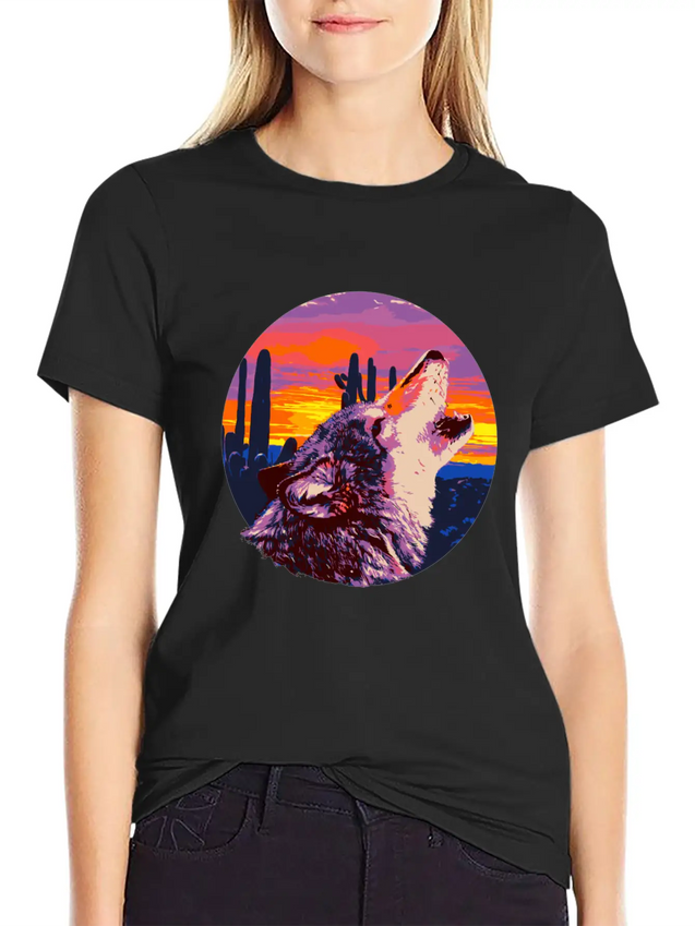 Howling Wolf Desert Sunset Lightweight Cotton T-Shirt – Daily Comfort Graphic Shirt