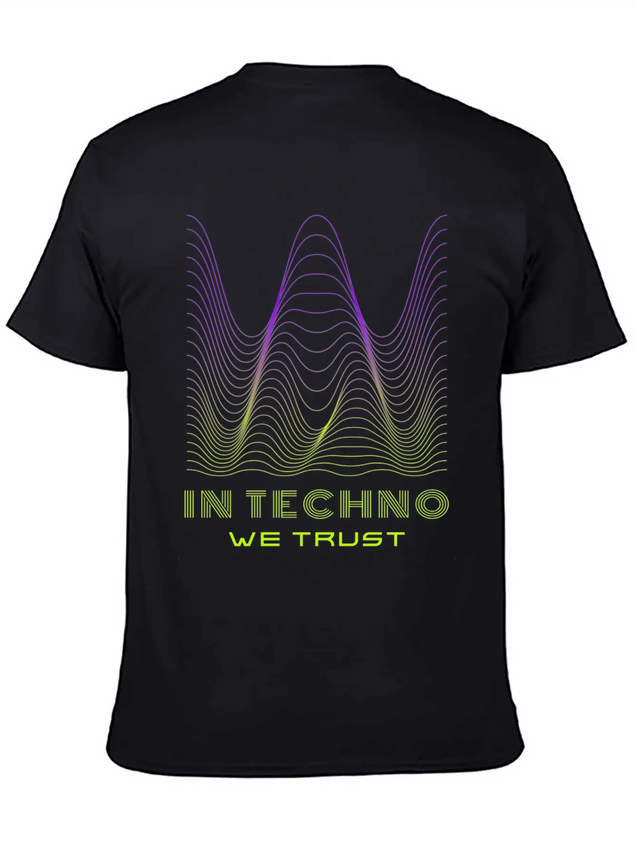 IN TECHNO WE TRUST NEON GREEN PURPLE SOUND WAVES Lightweight Cotton T-Shirt – Daily Comfort Graphic Shirt