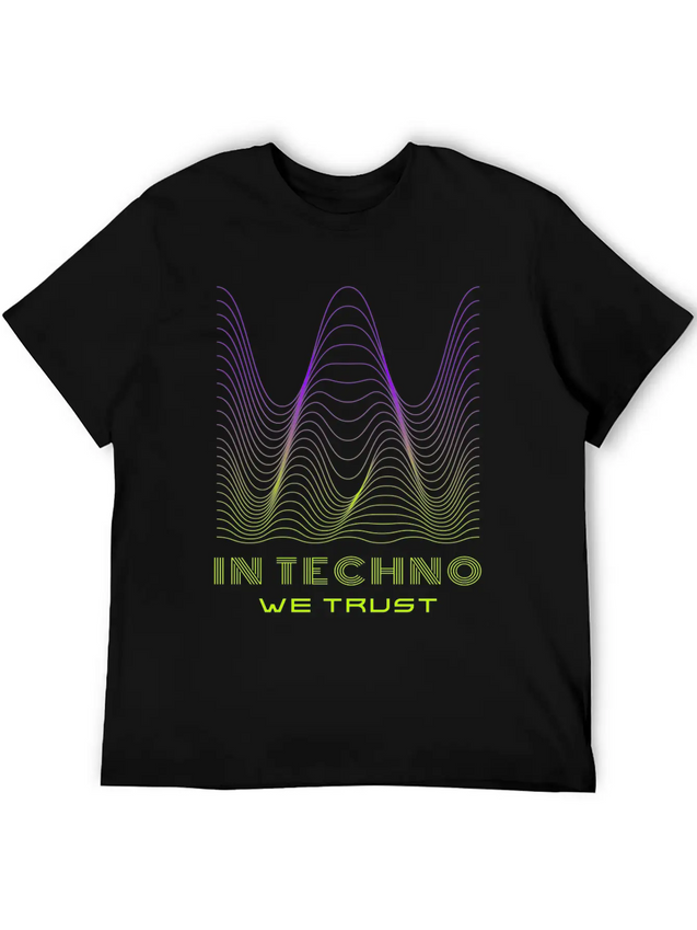 IN TECHNO WE TRUST NEON GREEN PURPLE SOUND WAVES Lightweight Cotton T-Shirt – Daily Comfort Graphic Shirt