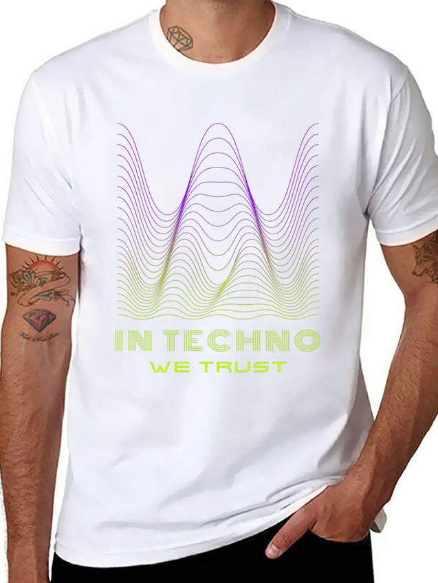 IN TECHNO WE TRUST NEON GREEN PURPLE SOUND WAVES Lightweight Cotton T-Shirt – Daily Comfort Graphic Shirt