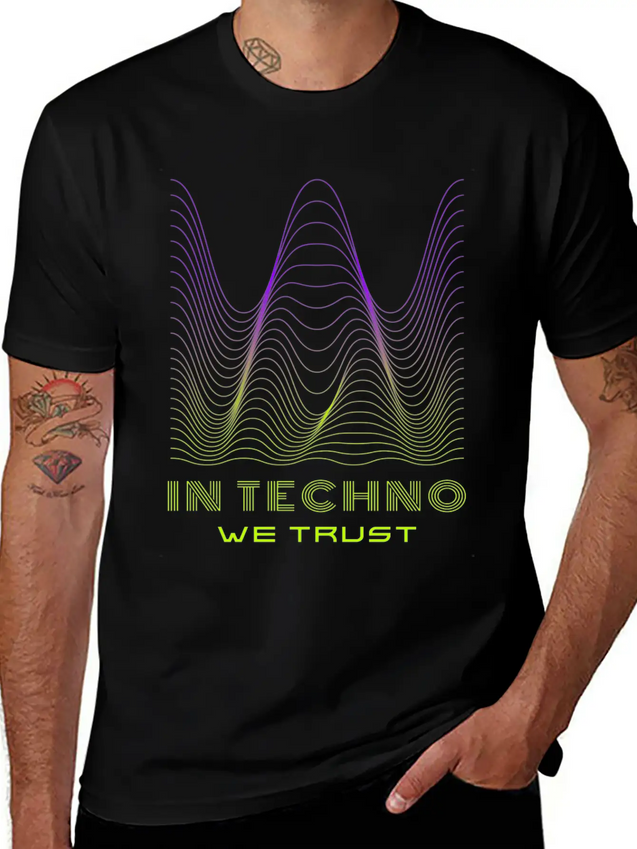 IN TECHNO WE TRUST NEON GREEN PURPLE SOUND WAVES Lightweight Cotton T-Shirt – Daily Comfort Graphic Shirt
