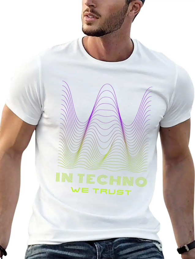 IN TECHNO WE TRUST NEON GREEN PURPLE SOUND WAVES Lightweight Cotton T-Shirt – Daily Comfort Graphic Shirt