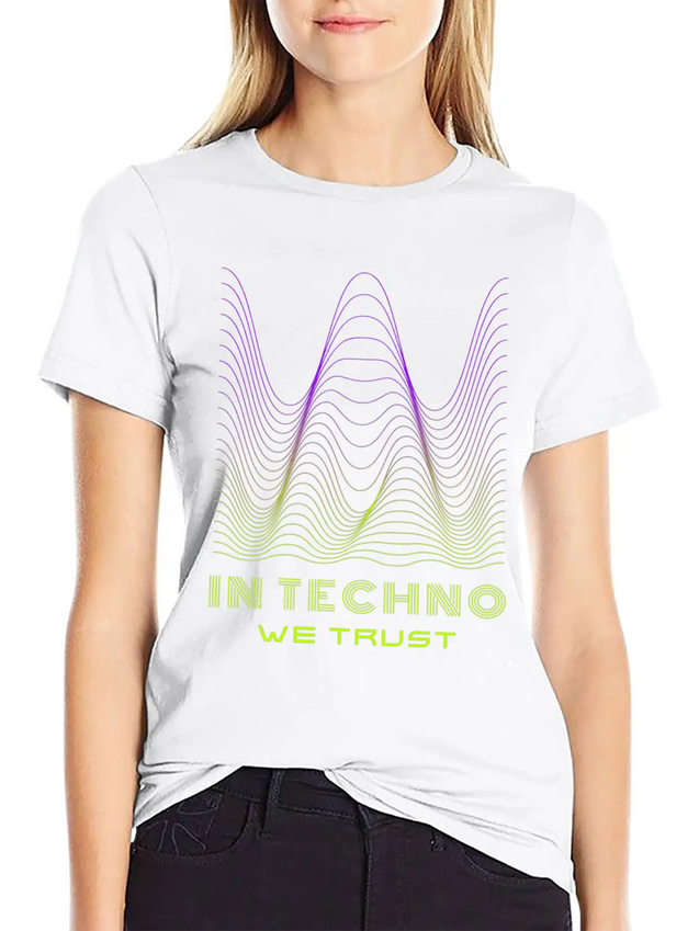 IN TECHNO WE TRUST NEON GREEN PURPLE SOUND WAVES Lightweight Cotton T-Shirt – Daily Comfort Graphic Shirt