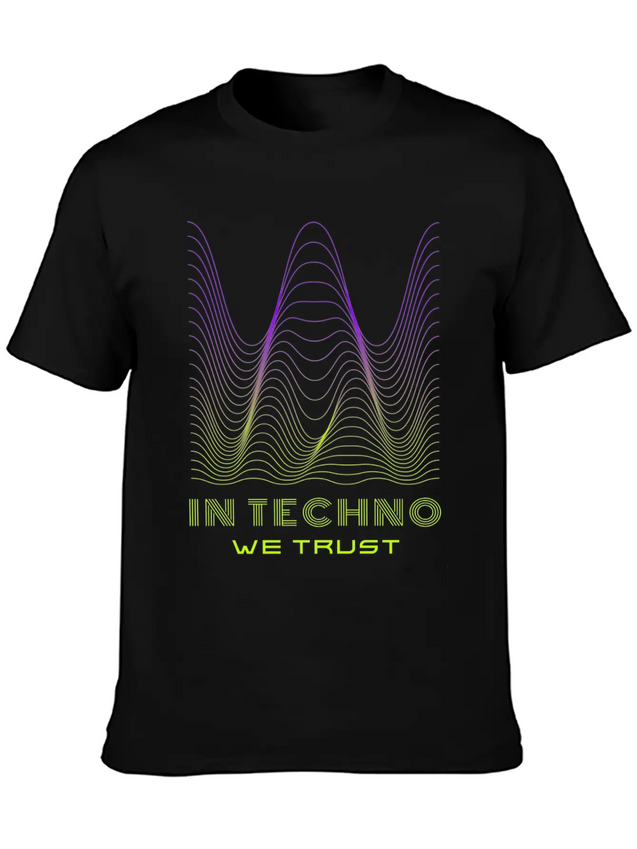 IN TECHNO WE TRUST NEON GREEN PURPLE SOUND WAVES Lightweight Cotton T-Shirt – Daily Comfort Graphic Shirt
