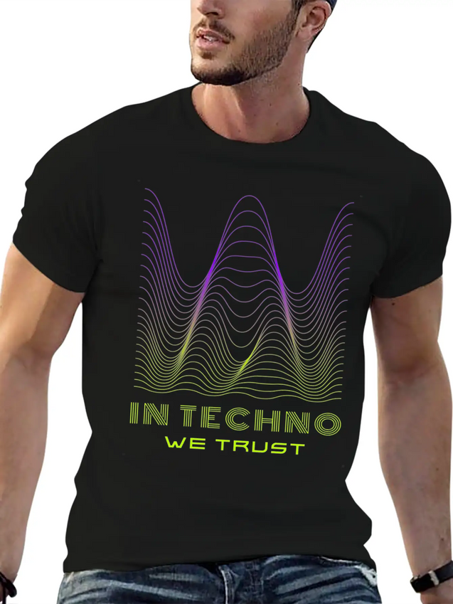 IN TECHNO WE TRUST NEON GREEN PURPLE SOUND WAVES Lightweight Cotton T-Shirt – Daily Comfort Graphic Shirt