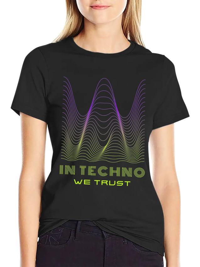 IN TECHNO WE TRUST NEON GREEN PURPLE SOUND WAVES Lightweight Cotton T-Shirt – Daily Comfort Graphic Shirt