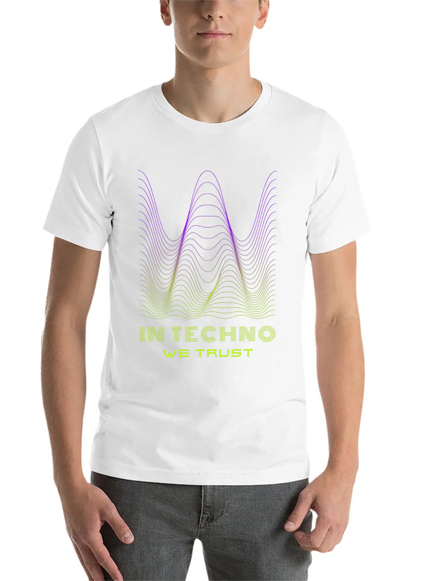IN TECHNO WE TRUST NEON GREEN PURPLE SOUND WAVES Lightweight Cotton T-Shirt – Daily Comfort Graphic Shirt