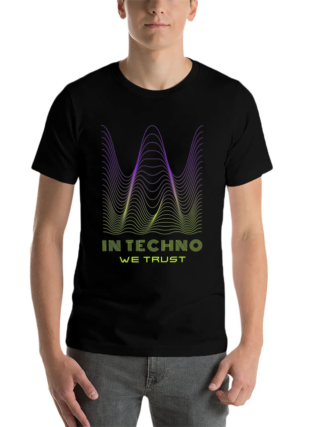 IN TECHNO WE TRUST NEON GREEN PURPLE SOUND WAVES Lightweight Cotton T-Shirt – Daily Comfort Graphic Shirt
