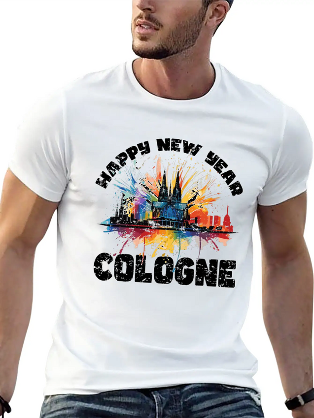 New Years Eve Happy New Year Firework In Cologne Lightweight Cotton T-Shirt – Daily Comfort Graphic Shirt