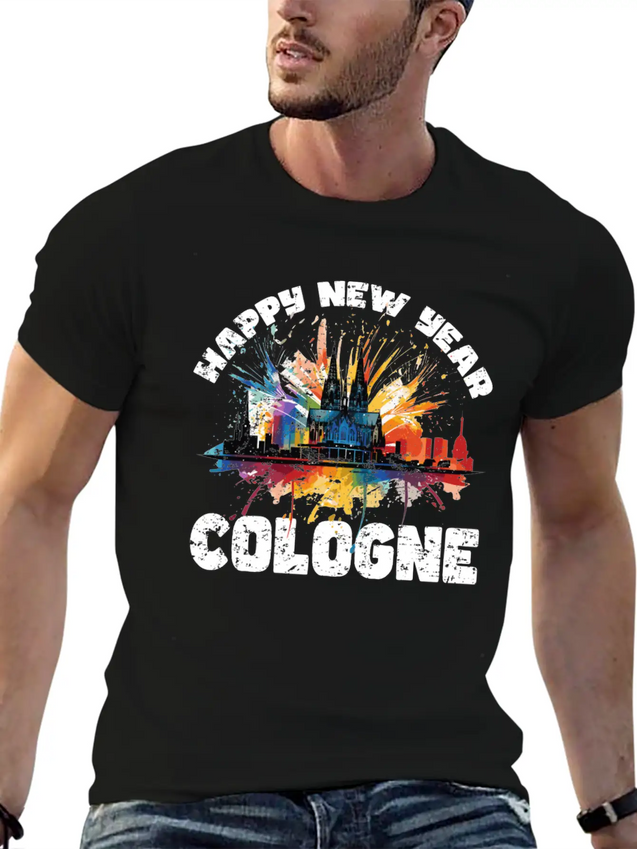 New Years Eve Happy New Year Firework In Cologne Lightweight Cotton T-Shirt – Daily Comfort Graphic Shirt