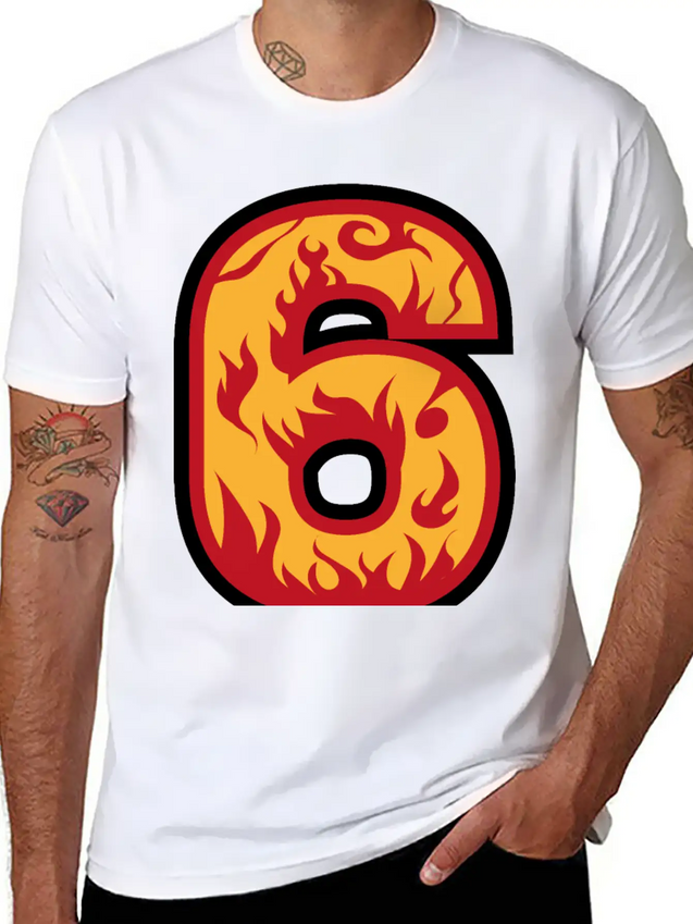Number 6 With Flames - Number Six On Fire 🔥 Lightweight Cotton T-Shirt – Daily Comfort Graphic Shirt
