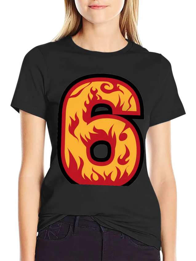 Number 6 With Flames - Number Six On Fire 🔥 Lightweight Cotton T-Shirt – Daily Comfort Graphic Shirt
