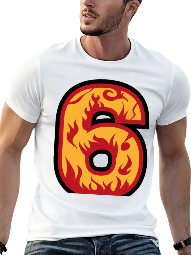Number 6 With Flames - Number Six On Fire 🔥 Lightweight Cotton T-Shirt – Daily Comfort Graphic Shirt