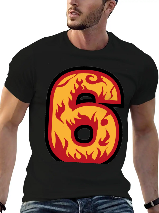Number 6 With Flames - Number Six On Fire 🔥 Lightweight Cotton T-Shirt – Daily Comfort Graphic Shirt