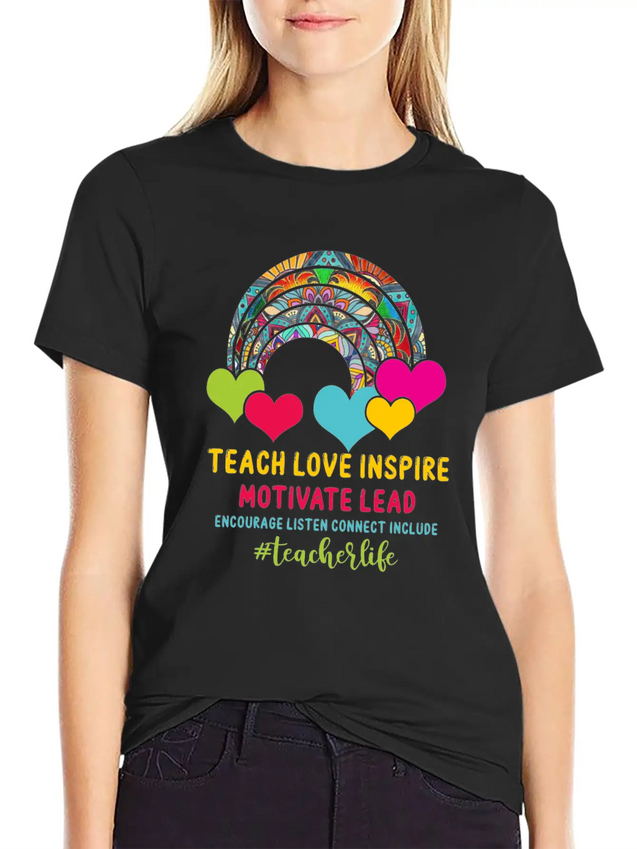 Rainbow Teacher Love Inspire Lead Motivate Encoura Lightweight Cotton T-Shirt – Daily Comfort Graphic Shirt