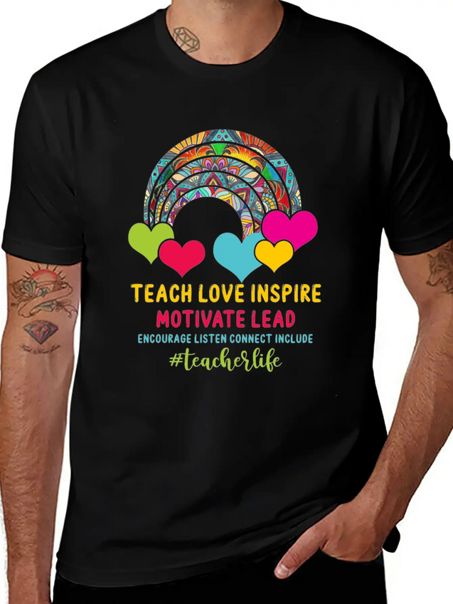 Rainbow Teacher Love Inspire Lead Motivate Encoura Lightweight Cotton T-Shirt – Daily Comfort Graphic Shirt
