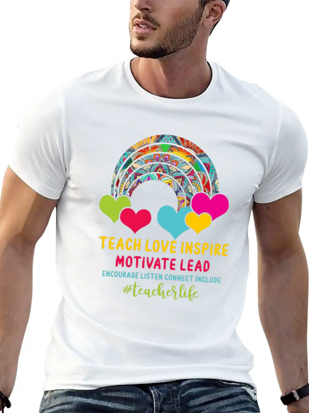 Rainbow Teacher Love Inspire Lead Motivate Encoura Lightweight Cotton T-Shirt – Daily Comfort Graphic Shirt