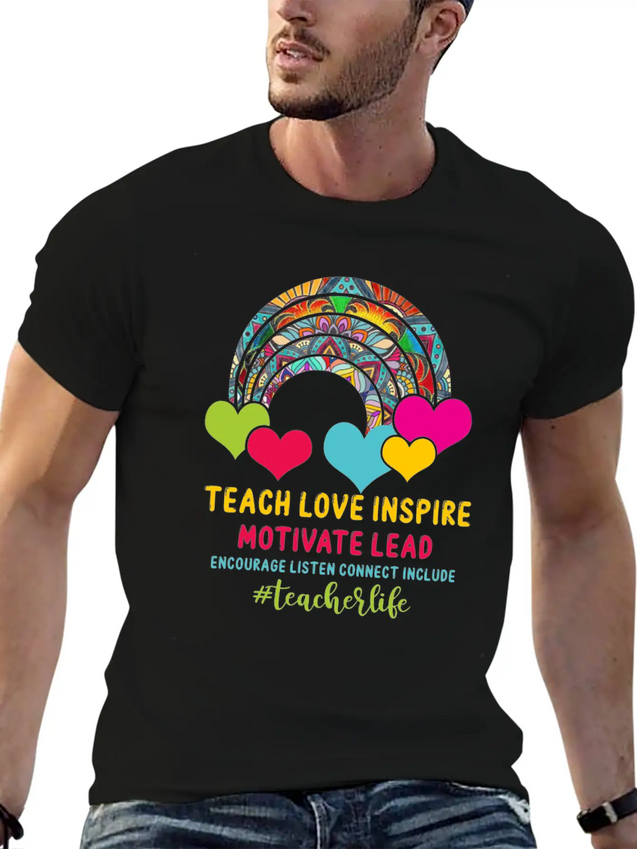 Rainbow Teacher Love Inspire Lead Motivate Encoura Lightweight Cotton T-Shirt – Daily Comfort Graphic Shirt